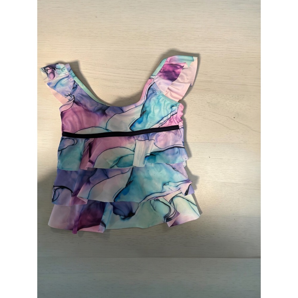 Justice‎ Girls Marble Watercolor Ruffle Tankini Swim/Gym top Purple Blue XS 5/6